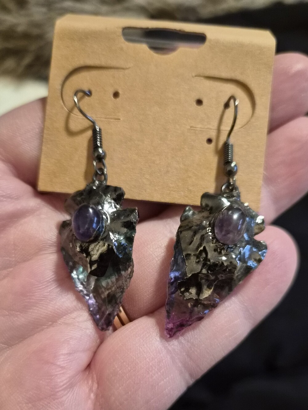 Amethyst Arrowhead Dangle Earrings with Cabochon Accent